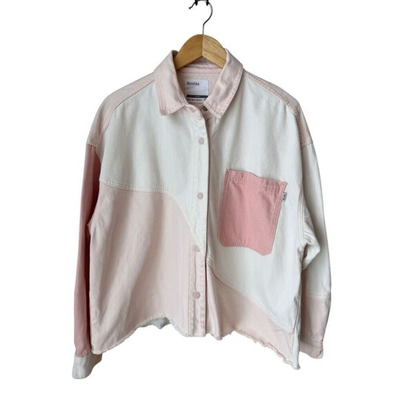 Bershka 100% Cotton Pink & White Color Block Oversized Denim Jacket - Picture 1 of 10